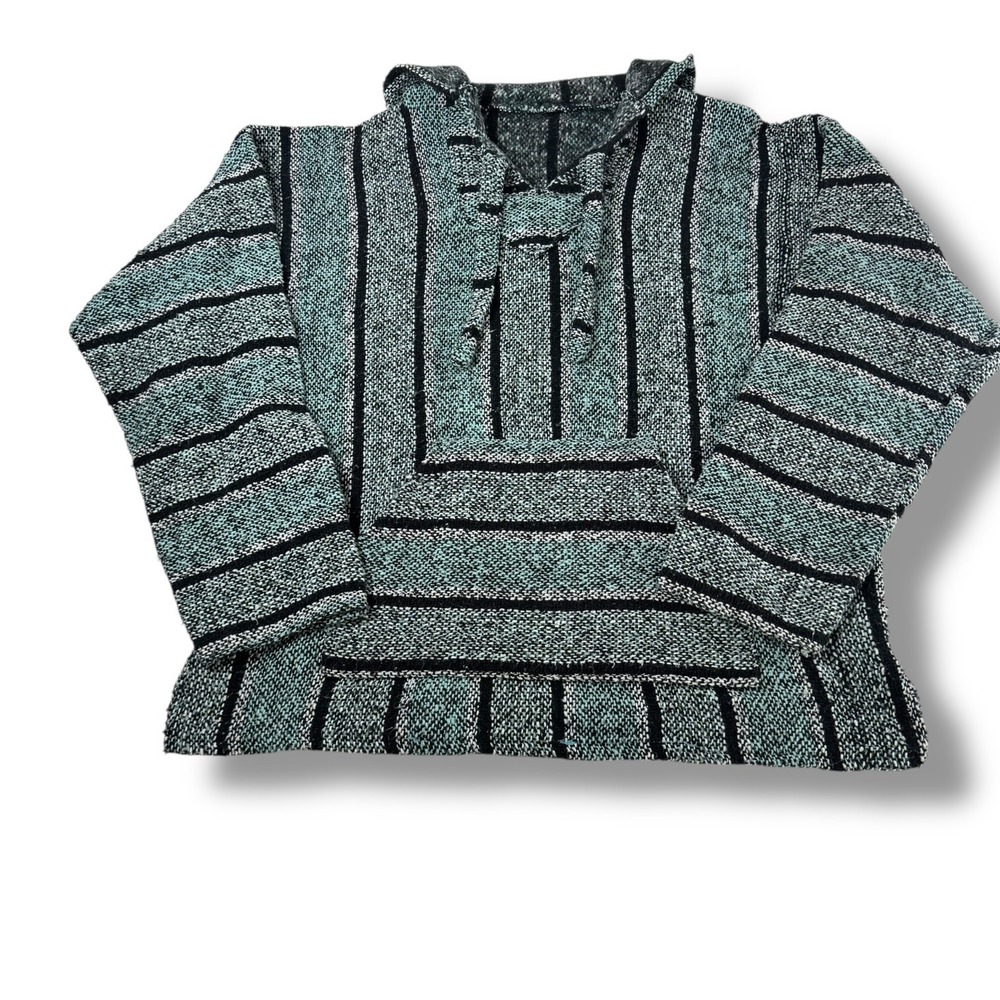 Baja Poncho Style Pullover Hoodie –‎ Teal & Black Stripe